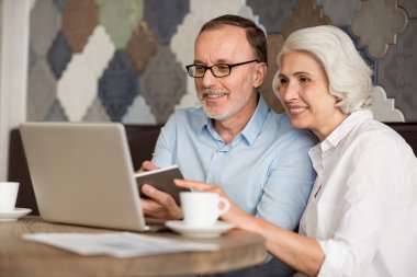 Cheerful couple using laptop clipart