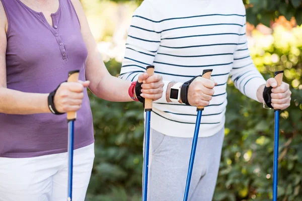 Ajuste casal de idosos segurando trackstick fora — Fotografia de Stock