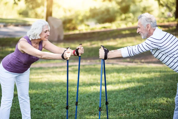 Vecchio amichevole coppie allenamento sportivo in natura — Foto Stock