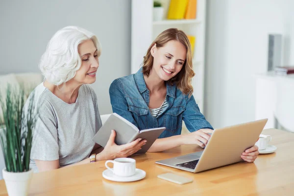 Allegro donna anziana e sua figlia utilizzando il computer portatile — Foto Stock