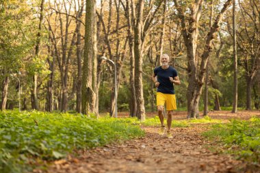 Neşeli sakallı erkek ormanda koşuyor.