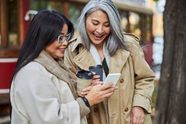 Sokakta akıllı telefon kullanan iki neşeli kadın.