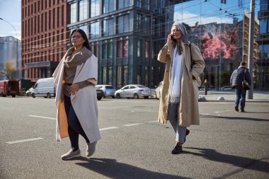 Sokakta yürüyen iki zarif kadın.