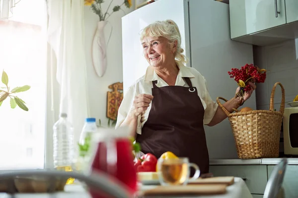 Alegre anciana en delantal de pie en la cocina — Foto de Stock