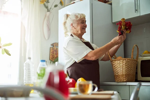 Donna anziana gioiosa che tiene cespuglio di bacche di viburno — Foto Stock