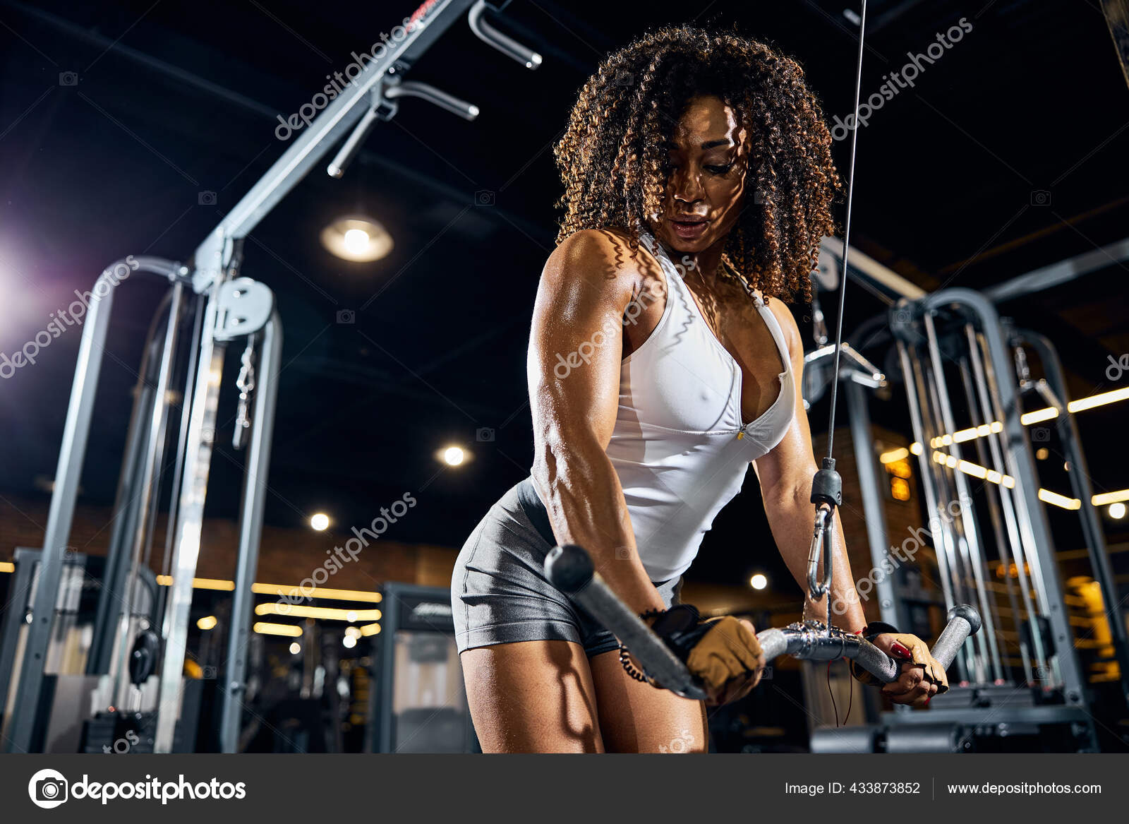 Muscular woman using the fitness equipment during the strength workout  Stock Photo by ©yacobchuk1 433873852