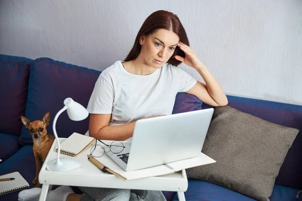 Femme sérieuse travaillant sur ordinateur portable de la maison — Photo