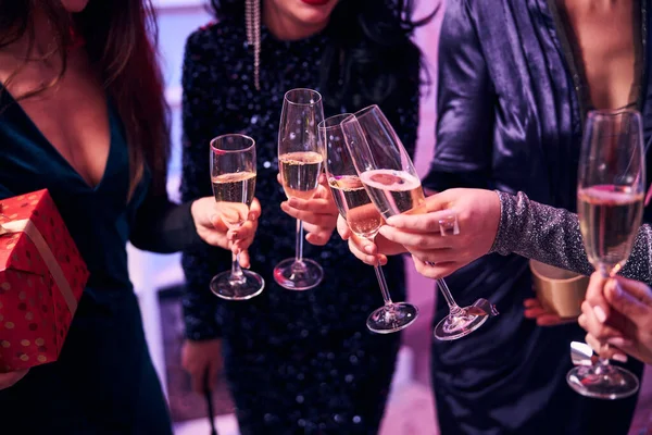 Five ladies holding glasses in their hands — Stock Photo, Image