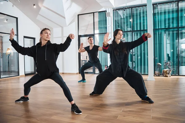 Maestro demostrando forma tai chi correcta a dos adultos —  Fotos de Stock