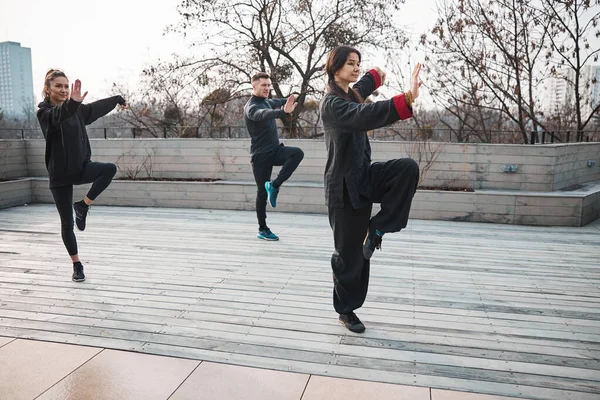 Sidovy av människor som gör tai chi på enda ben — Stockfoto