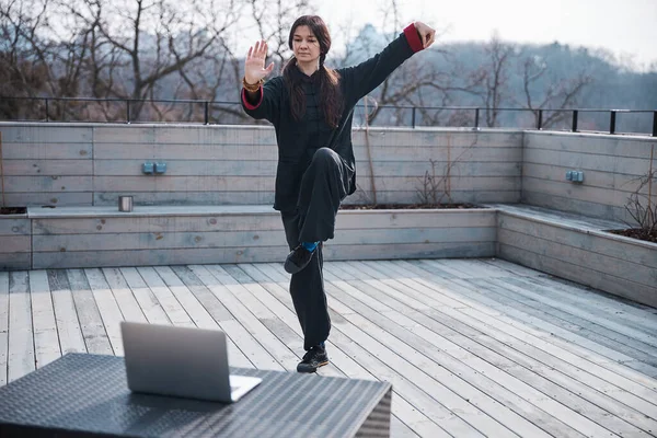 Kung fu daru állásban álló nő a szabadban — Stock Fotó