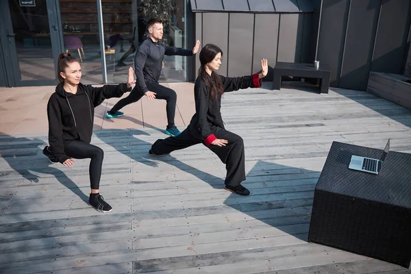 Kung fu csoport követi laptop videó közben tai chi — Stock Fotó