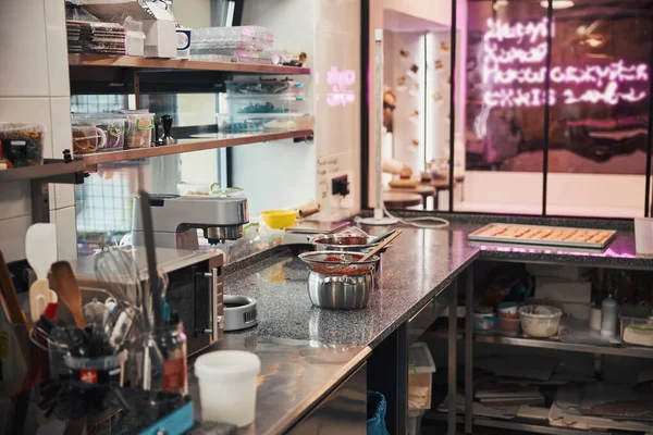 Cozy kitchen with neon lighting is perfect creative space — Stok fotoğraf