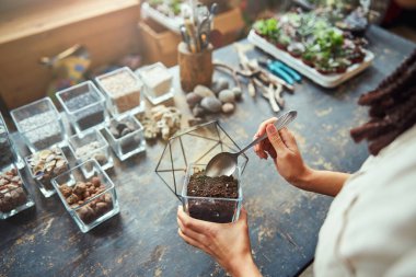 Florist adding the potting mix to a polyhedron terrarium container