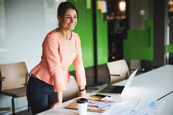 Brunette attractive female office worker with laptop and documents on the table in the co-worker space — Stockfoto