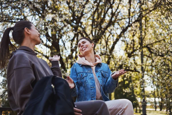 Two female friends sharing gossips with each other — Stock Photo, Image