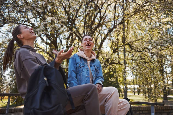 Two women laughing on joke in park