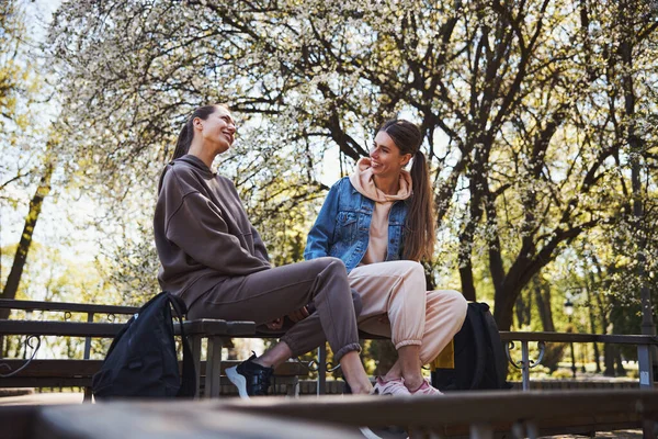 Gente feliz y amigable descansando juntos en el parque — Foto de Stock