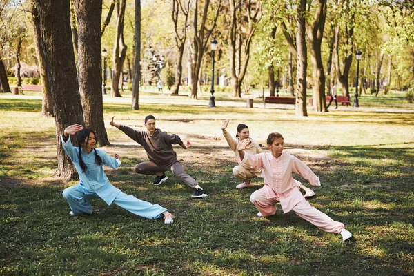 Tai chi practitioners standing in snake creeps down pose — Stock Photo, Image