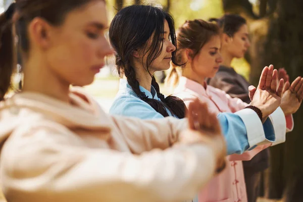 Saludo Tai chi realizado por mujeres en entrenamiento al aire libre —  Fotos de Stock