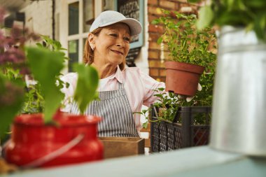Köyde bitkilerle ilgilenen gülümseyen yaşlı bir kadın.
