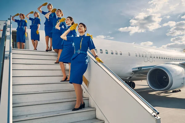 Шесть стройных красивых стюардесс, салютующих на ступенях самолета — стоковое фото