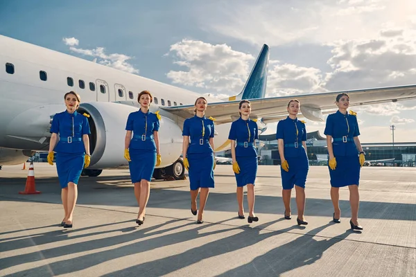 Sex attraktiva kvinnliga flygvärdinnor går vidare — Stockfoto