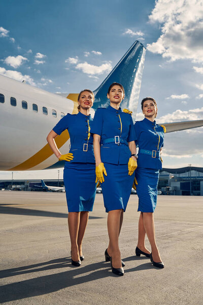 Group of smiling stewardesses standing by an aircraft