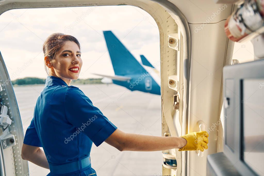 Charming contented stewardess posing for the camera aboard the plane