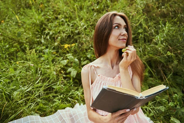 Dreamy lady having pleasant day off outdoors — Stock Photo, Image