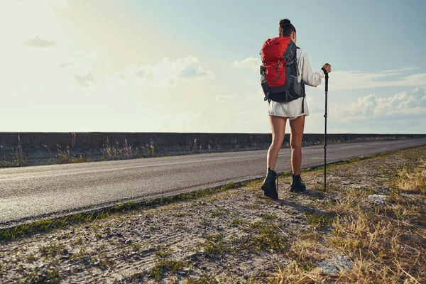 北欧妇女在高速公路旁边行走的旅行 — 图库照片