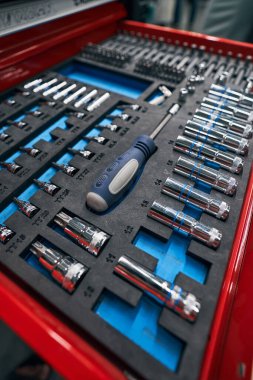 Bir enstrüman kitinin içinde soket anahtarı için başlıklar