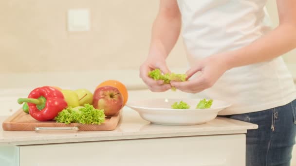 Mujer joven poniendo verduras en el plato. Alimentos ecológicos — Vídeos de Stock