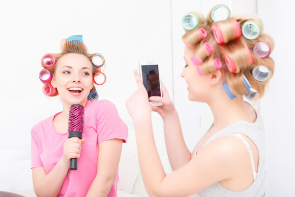 Young girls having fun at home