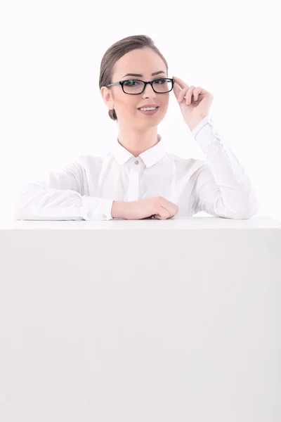 Beautiful woman advertising in formal clothes — Stock Photo, Image