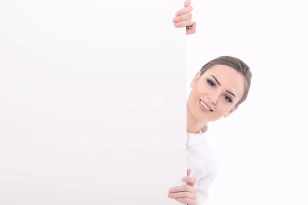 Mulher bonita publicidade em roupas formais — Fotografia de Stock