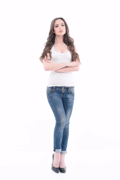 Vacker ung dam klädd i jeans — Stockfoto