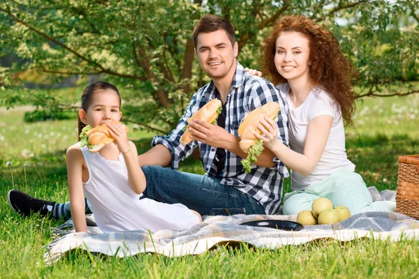 Šťastná rodina na oběd v parku — Stock fotografie