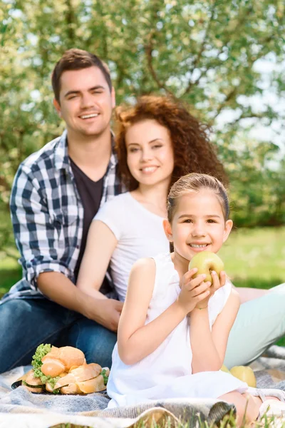 Família feliz em um almoço no parque — Fotografia de Stock