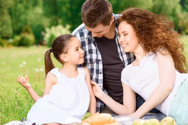 Happy family on a lunch in the park — Stock Photo, Image