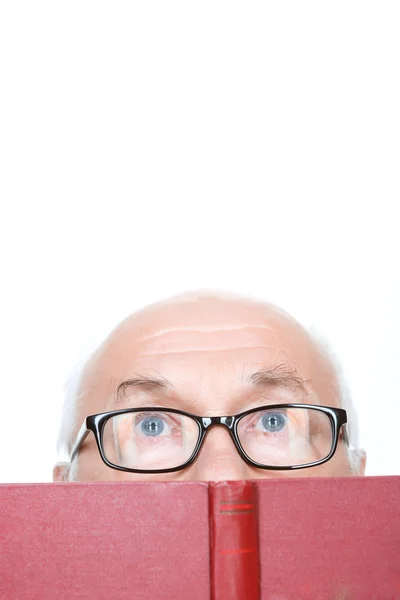 Wise grandfather in glasses holding book — Stock Photo, Image