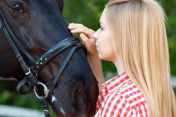 Smiling girl palming the horse — Stock Photo, Image