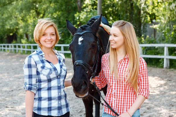 Girls standing alongside with the horse — Stock Photo, Image