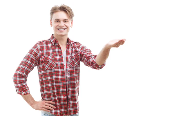 Cheerful guy rising his hand — Stock Photo, Image