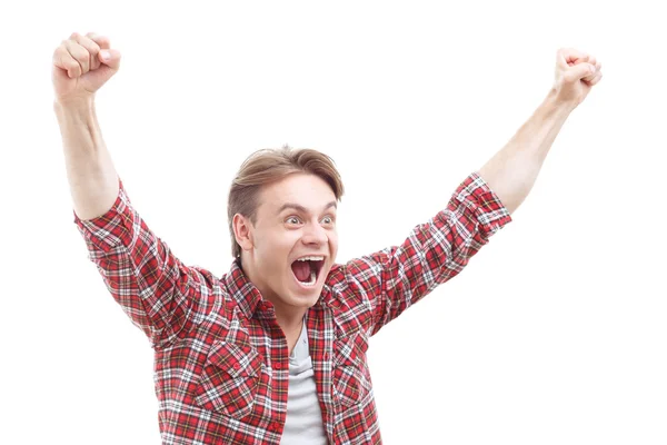 Laughing nice guy holding hands up — Stock Photo, Image