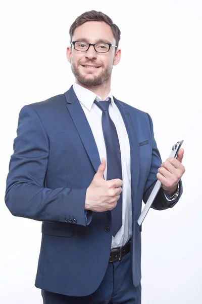 Joven hombre de negocios barbudo sobre fondo blanco — Foto de Stock