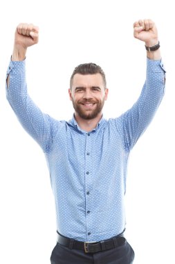 Cheering man with raised arms 