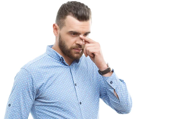 Beard-man touching face with fingers — Stock Photo, Image