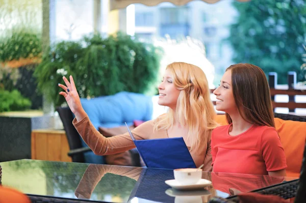 Two pretty girlfriends asking for waitress — Stock Photo, Image