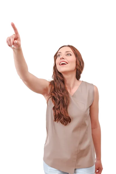 Woman pointing with index finger — Stock Photo, Image